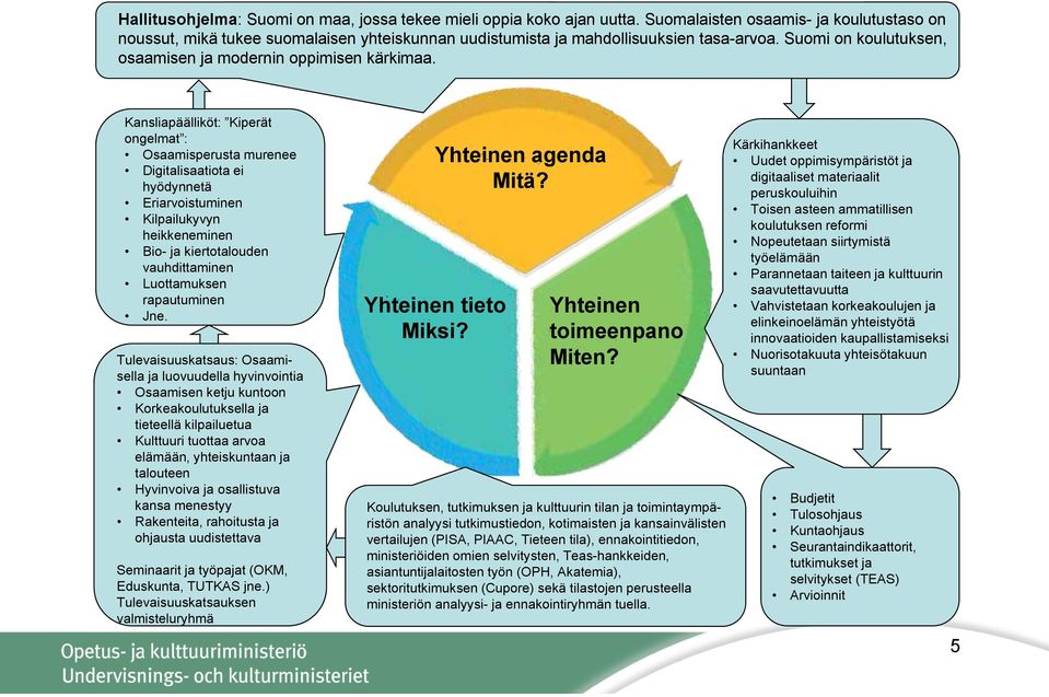 Kansliapäälliköt: Kiperät ongelmat : Osaamisperusta murenee Digitalisaatiota ei hyödynnetä Eriarvoistuminen Kilpailukyvyn heikkeneminen Bio- ja kiertotalouden vauhdittaminen Luottamuksen rapautuminen