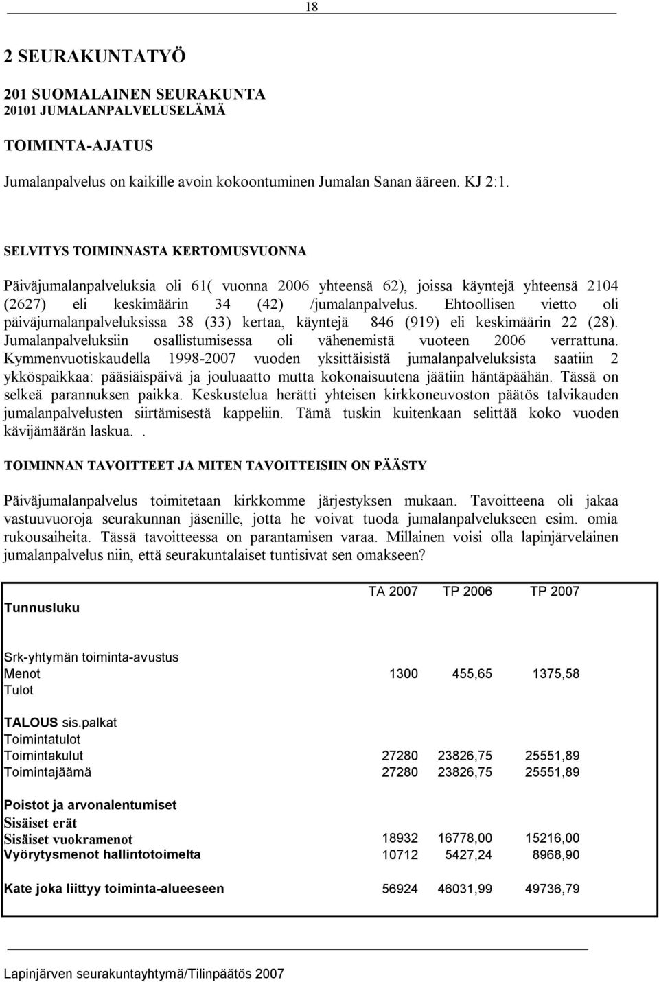 Ehtoollisen vietto oli päiväjumalanpalveluksissa 38 (33) kertaa, käyntejä 846 (919) eli keskimäärin 22 (28). Jumalanpalveluksiin osallistumisessa oli vähenemistä vuoteen 2006 verrattuna.