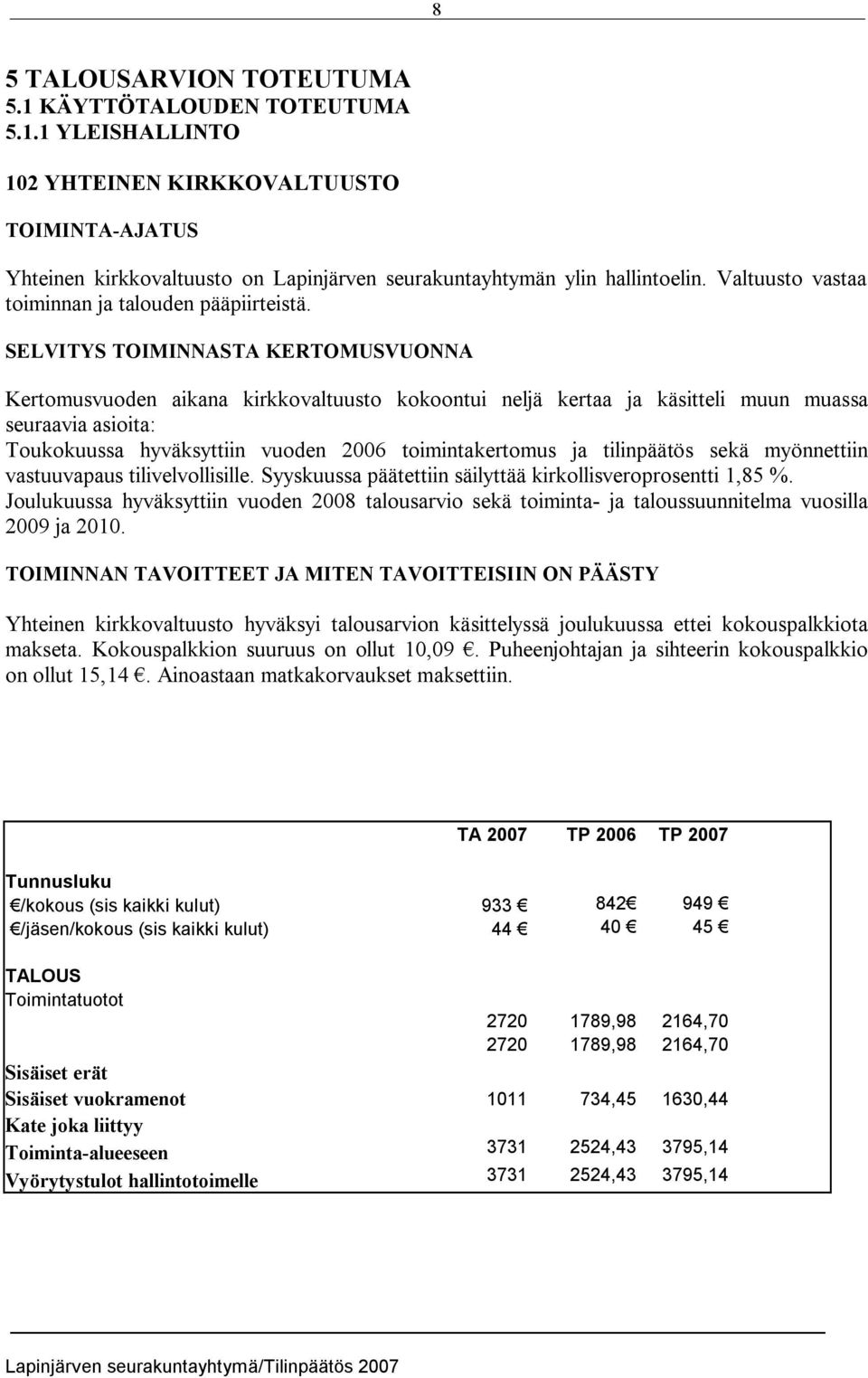 SELVITYS TOIMINNASTA KERTOMUSVUONNA Kertomusvuoden aikana kirkkovaltuusto kokoontui neljä kertaa ja käsitteli muun muassa seuraavia asioita: Toukokuussa hyväksyttiin vuoden 2006 toimintakertomus ja