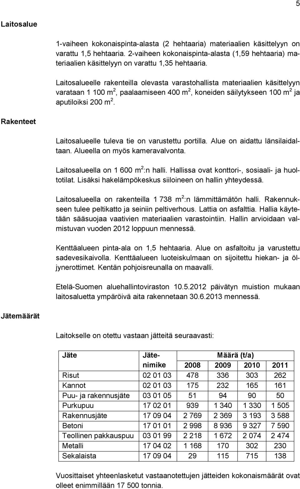 Laitosalueelle rakenteilla olevasta varastohallista materiaalien käsittelyyn varataan 1 100 m 2, paalaamiseen 400 m 2, koneiden säilytykseen 100 m 2 ja aputiloiksi 200 m 2.