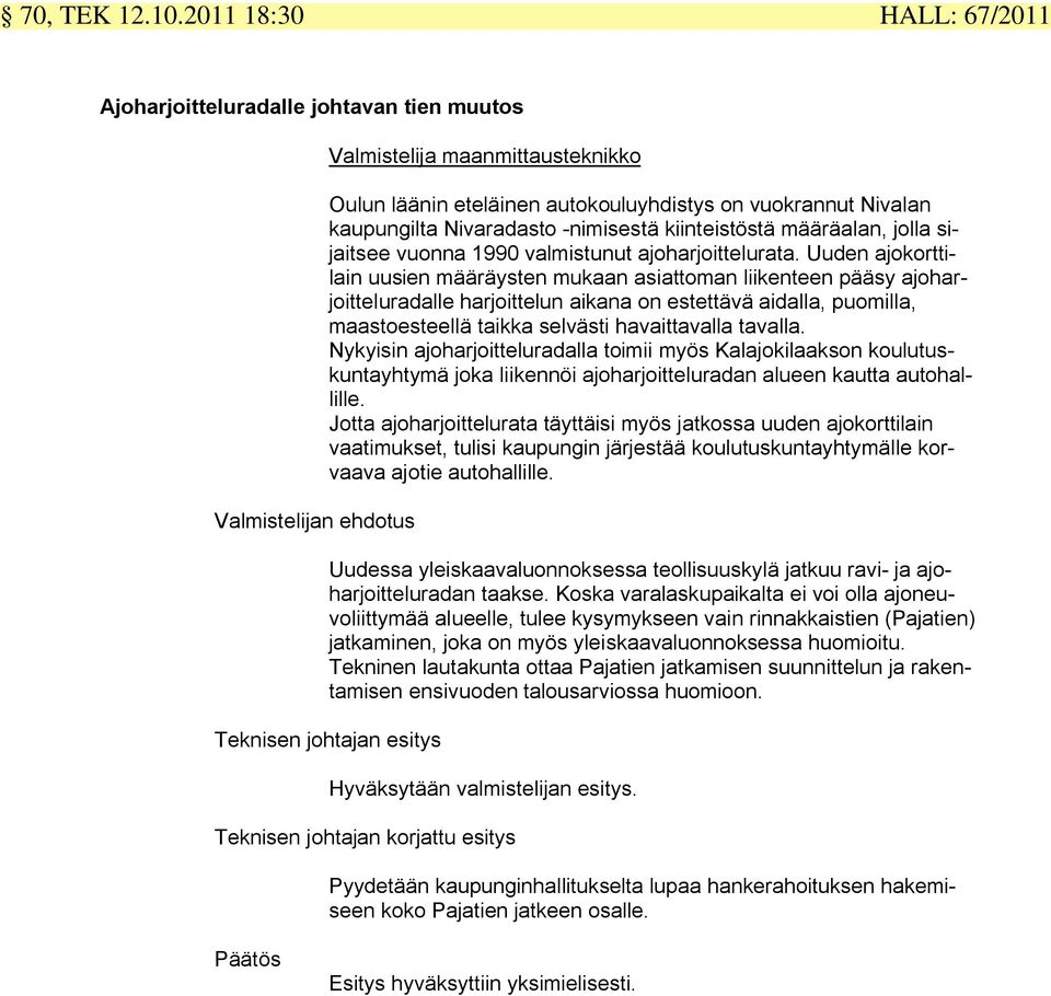 Nivaradasto -nimisestä kiinteistöstä määräalan, jolla sijaitsee vuonna 1990 valmistunut ajoharjoittelurata.