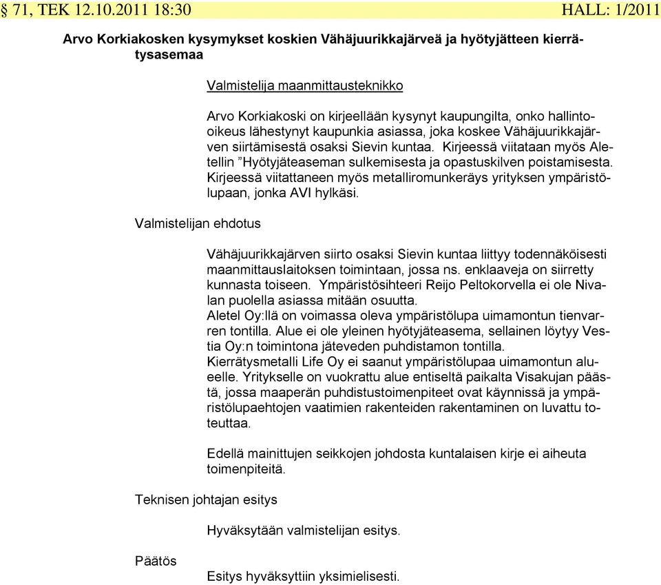 kysynyt kaupungilta, onko hallintooikeus lähestynyt kaupunkia asiassa, joka koskee Vähäjuurikkajärven siirtämisestä osaksi Sievin kuntaa.