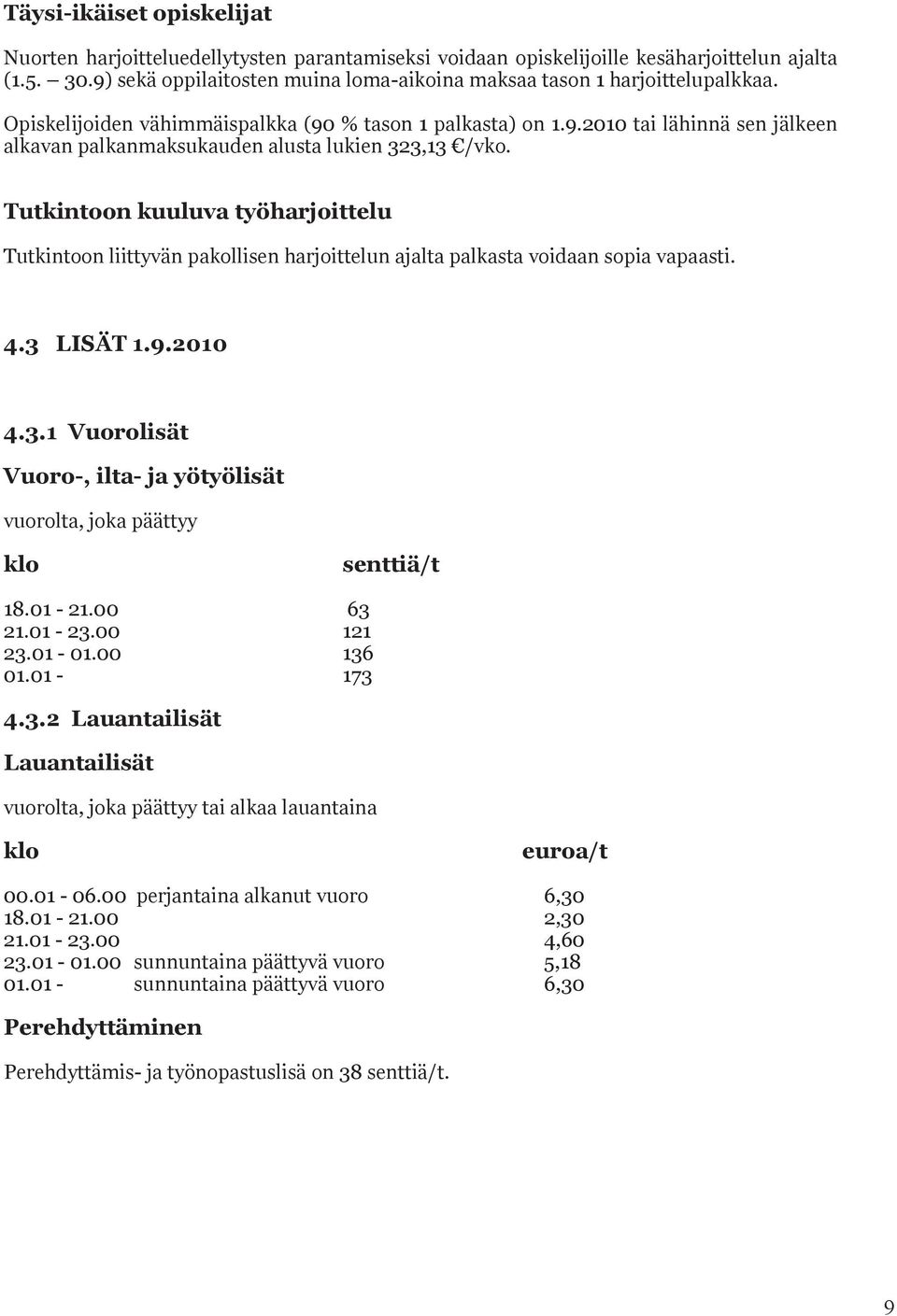 Tutkintoon kuuluva työharjoittelu Tutkintoon liittyvän pakollisen harjoittelun ajalta palkasta voidaan sopia vapaasti. 4.3 