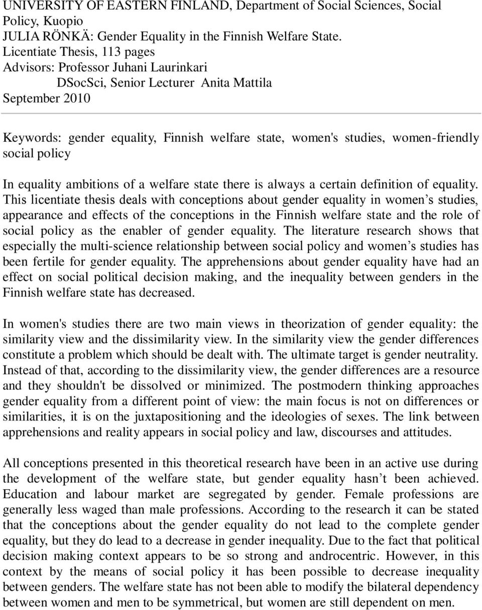 women-friendly social policy In equality ambitions of a welfare state there is always a certain definition of equality.