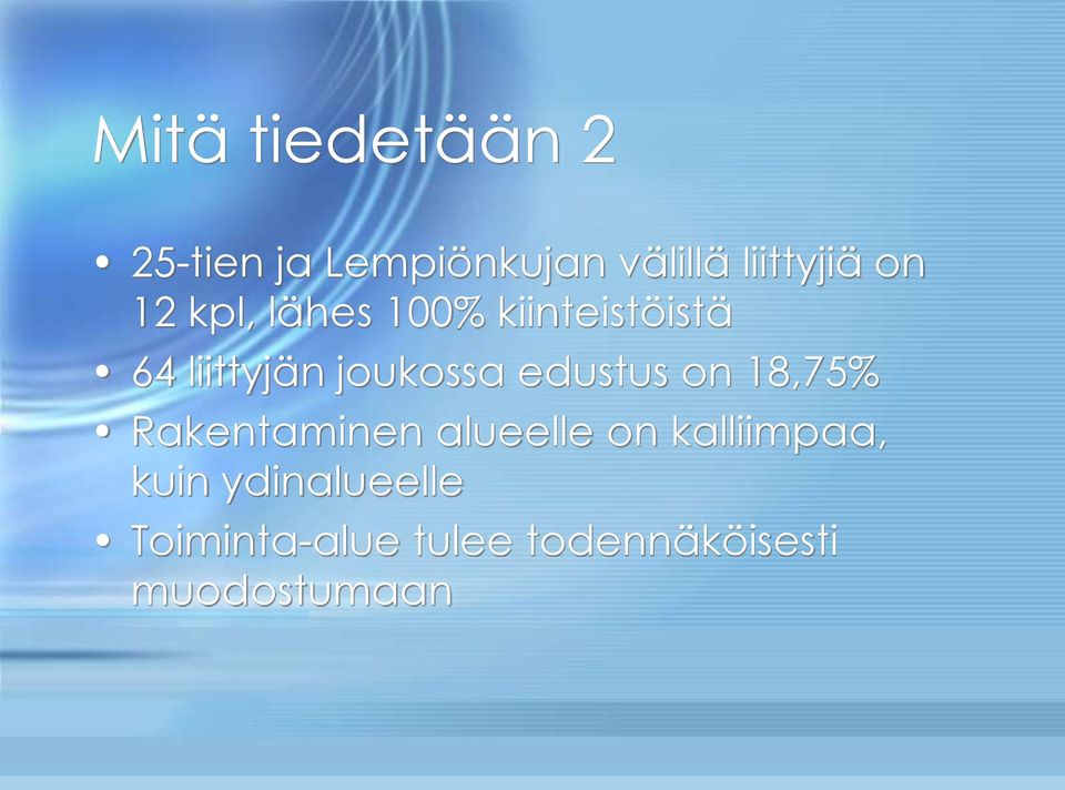 edustus on 18,75% Rakentaminen alueelle on kalliimpaa, kuin