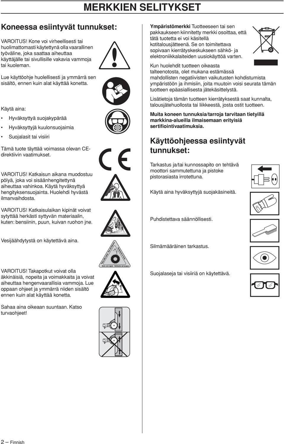 Käytä aina: Hyväksyttyä suojakypärää Hyväksyttyjä kuulonsuojaimia Suojalasit tai visiiri Tämä tuote täyttää voimassa olevan CEdirektiivin vaatimukset.