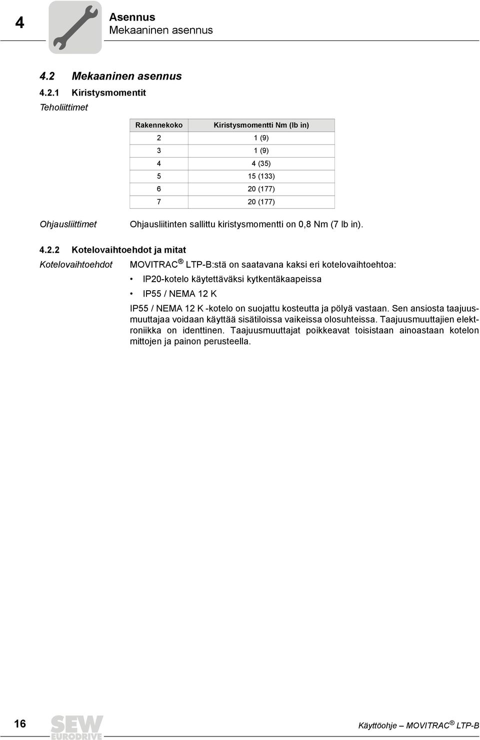 1 Kiristysmomentit Teholiittimet Rakennekoko Kiristysmomentti Nm (lb in) 2 1 (9) 3 1 (9) 4 4 (35) 5 15 (133) 6 20 (177) 7 20 (177) Ohjausliittimet Ohjausliitinten sallittu