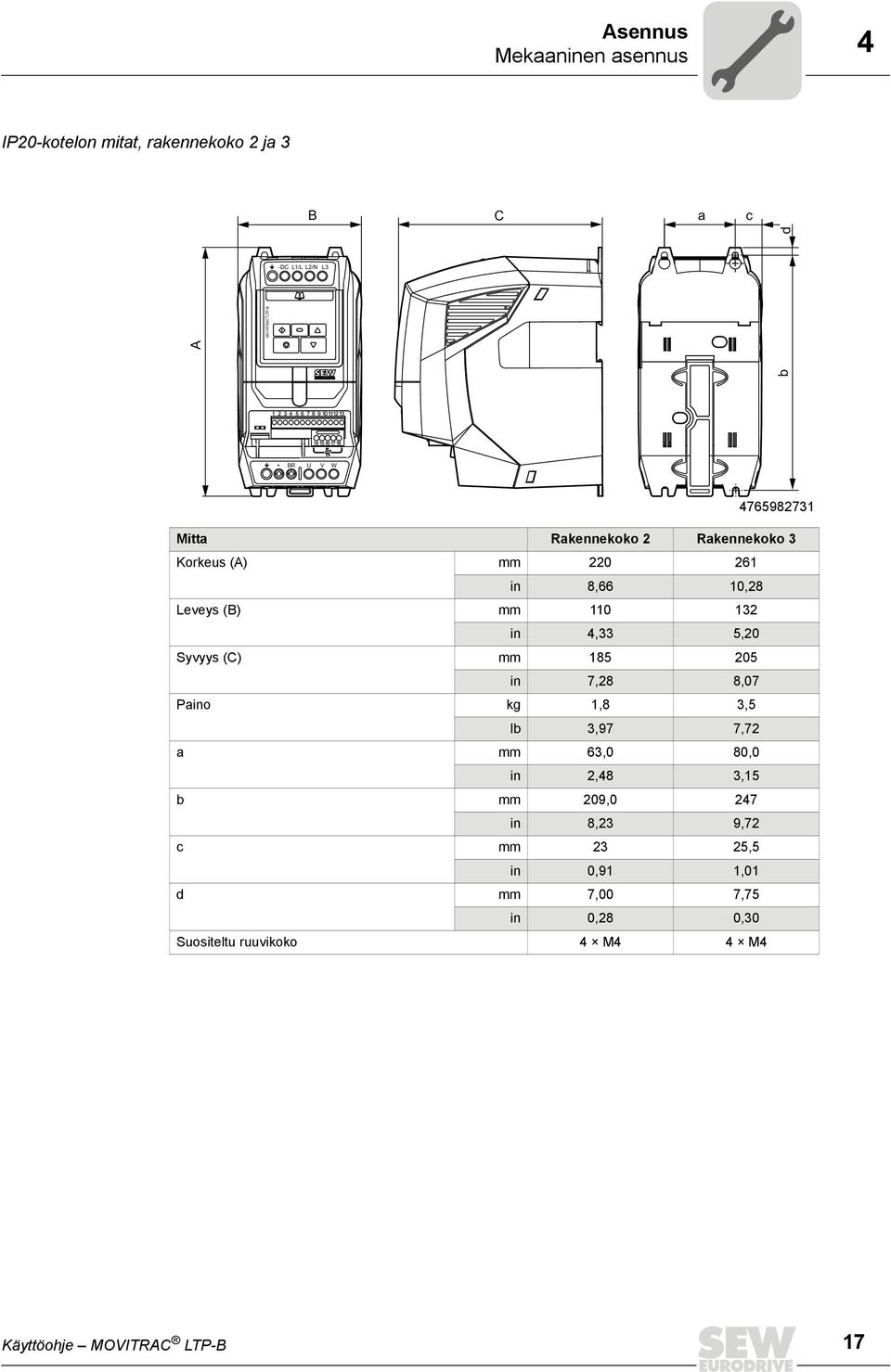 5,20 Syvyys (C) mm 185 205 in 7,28 8,07 Paino kg 1,8 3,5 lb 3,97 7,72 a mm 63,0 80,0 in 2,48 3,15 b mm 209,0 247 in