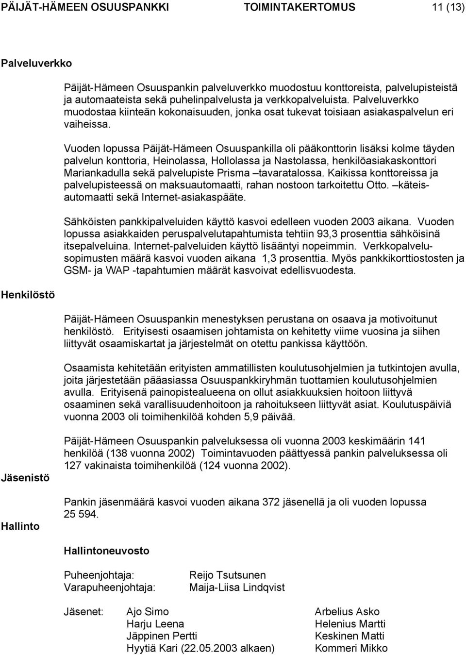 Vuoden lopussa Päijät-Hämeen Osuuspankilla oli pääkonttorin lisäksi kolme täyden palvelun konttoria, Heinolassa, Hollolassa ja Nastolassa, henkilöasiakaskonttori Mariankadulla sekä palvelupiste