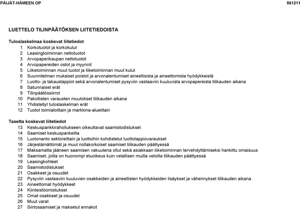 arvonalentumiset pysyviin vastaaviin kuuluvista arvopapereista tilikauden aikana 8 Satunnaiset erät 9 Tilinpäätössiirrot 10 Pakollisten varausten muutokset tilikauden aikana 11 Yhdistellyt