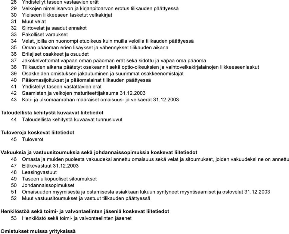 osakkeet ja osuudet 37 Jakokelvottomat vapaan oman pääoman erät sekä sidottu ja vapaa oma pääoma 38 Tilikauden aikana päätetyt osakeannit sekä optio-oikeuksien ja vaihtovelkakirjalainojen