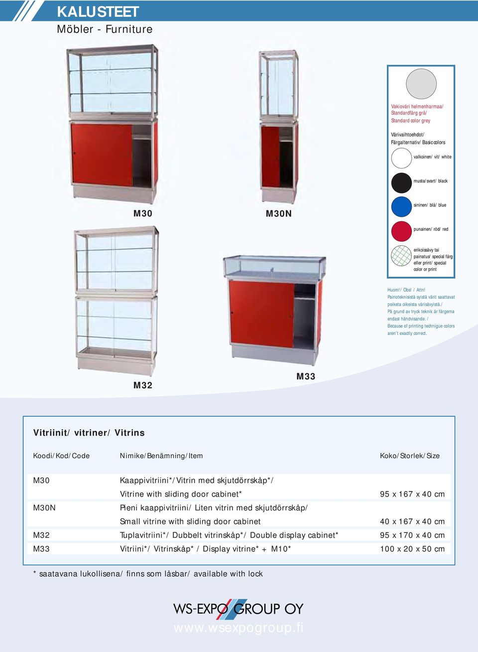 skjutdörrskåp*/ Vitrine with sliding door cabinet* 95 x 167 x 40 cm M30N Pieni kaappivitriini/ Liten vitrin med skjutdörrskåp/ Small vitrine with sliding door cabinet 40 x 167 x 40 cm M32