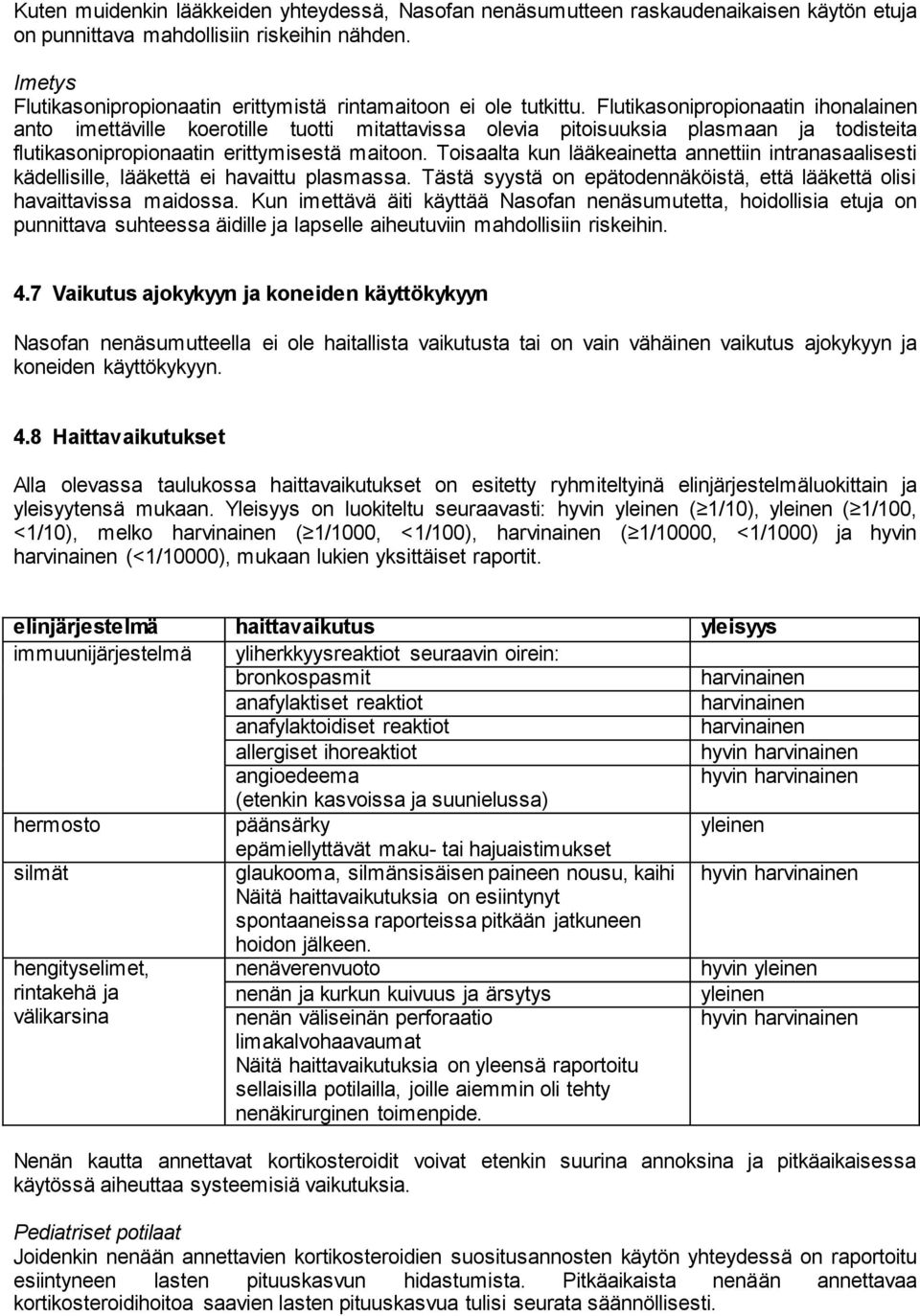 Flutikasonipropionaatin ihonalainen anto imettäville koerotille tuotti mitattavissa olevia pitoisuuksia plasmaan ja todisteita flutikasonipropionaatin erittymisestä maitoon.