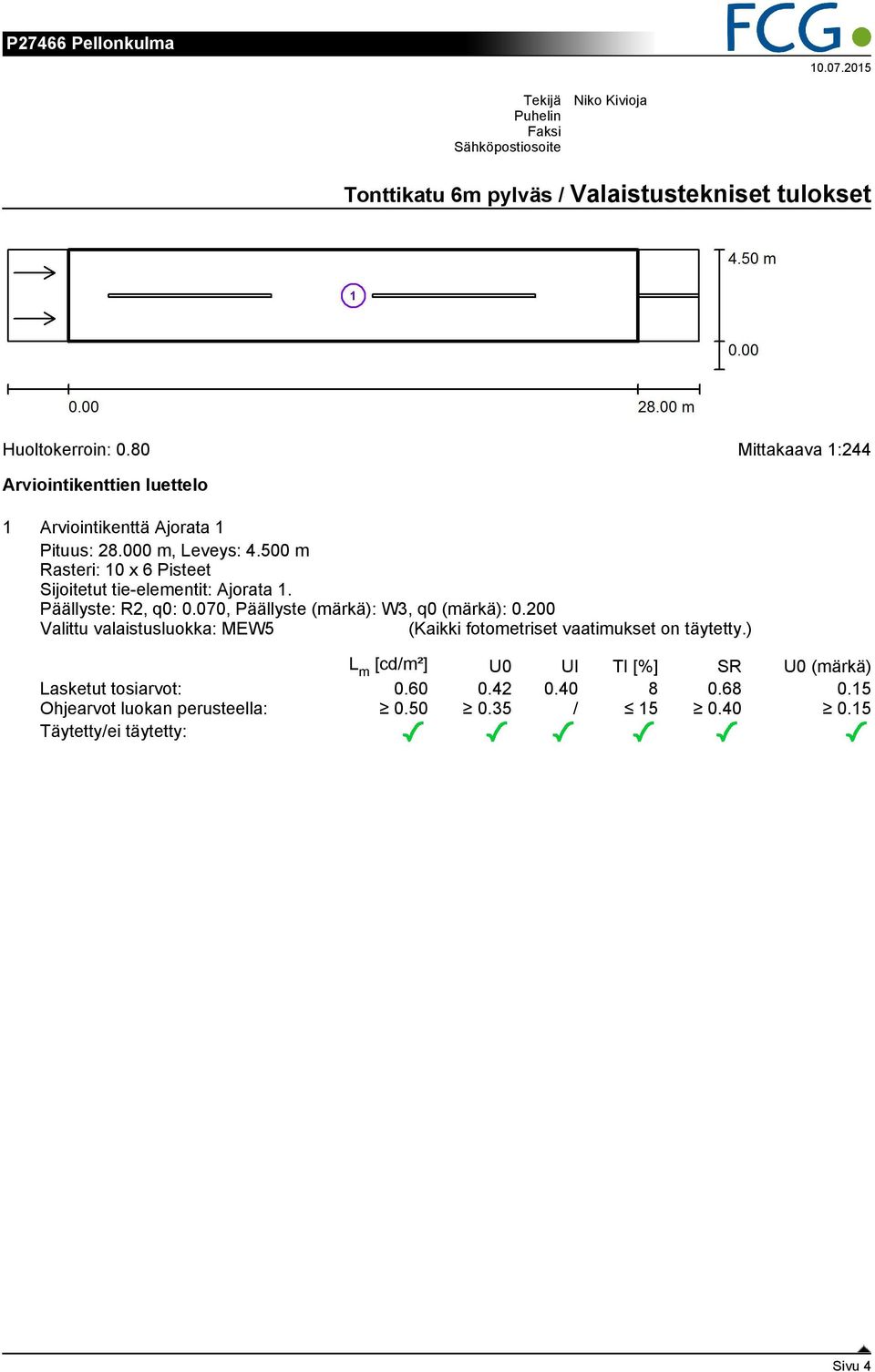 5 m Rasteri: 1 x 6 Pisteet Sijoitetut tie-elementit: Ajorata 1. Päällyste: R2, q:.7, Päällyste (märkä): W3, q (märkä):.