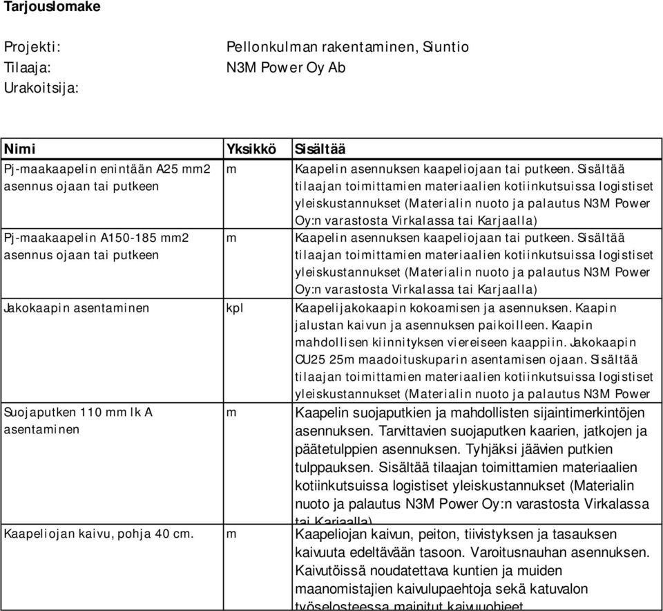 Sisältää tilaajan toimittamien materiaalien kotiinkutsuissa logistiset yleiskustannukset (Materialin nuoto ja palautus N3M Power Pj-maakaapelin A15-185 mm2 asennus ojaan tai putkeen m Oy:n varastosta