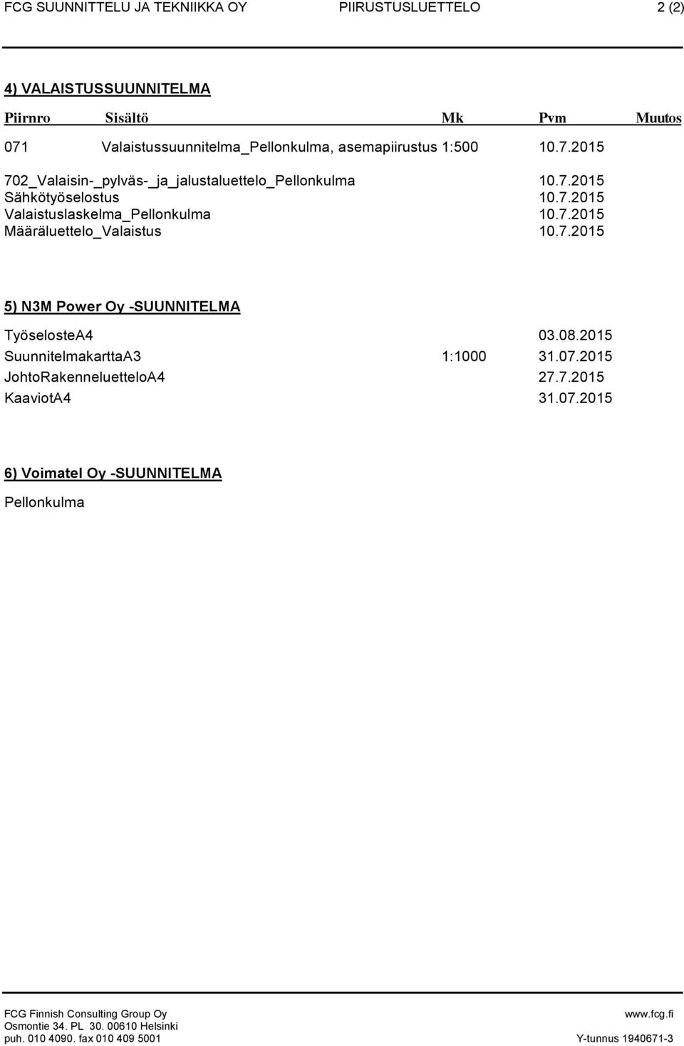 7.215 5) N3M Power Oy -SUUNNITELMA TyöselosteA4 3.8.215 SuunnitelmakarttaA3 1:1 31.7.215 JohtoRakenneluetteloA4 27.7.215 KaaviotA4 31.7.215 6) Voimatel Oy -SUUNNITELMA Pellonkulma FCG Finnish Consulting Group Oy Osmontie 34.