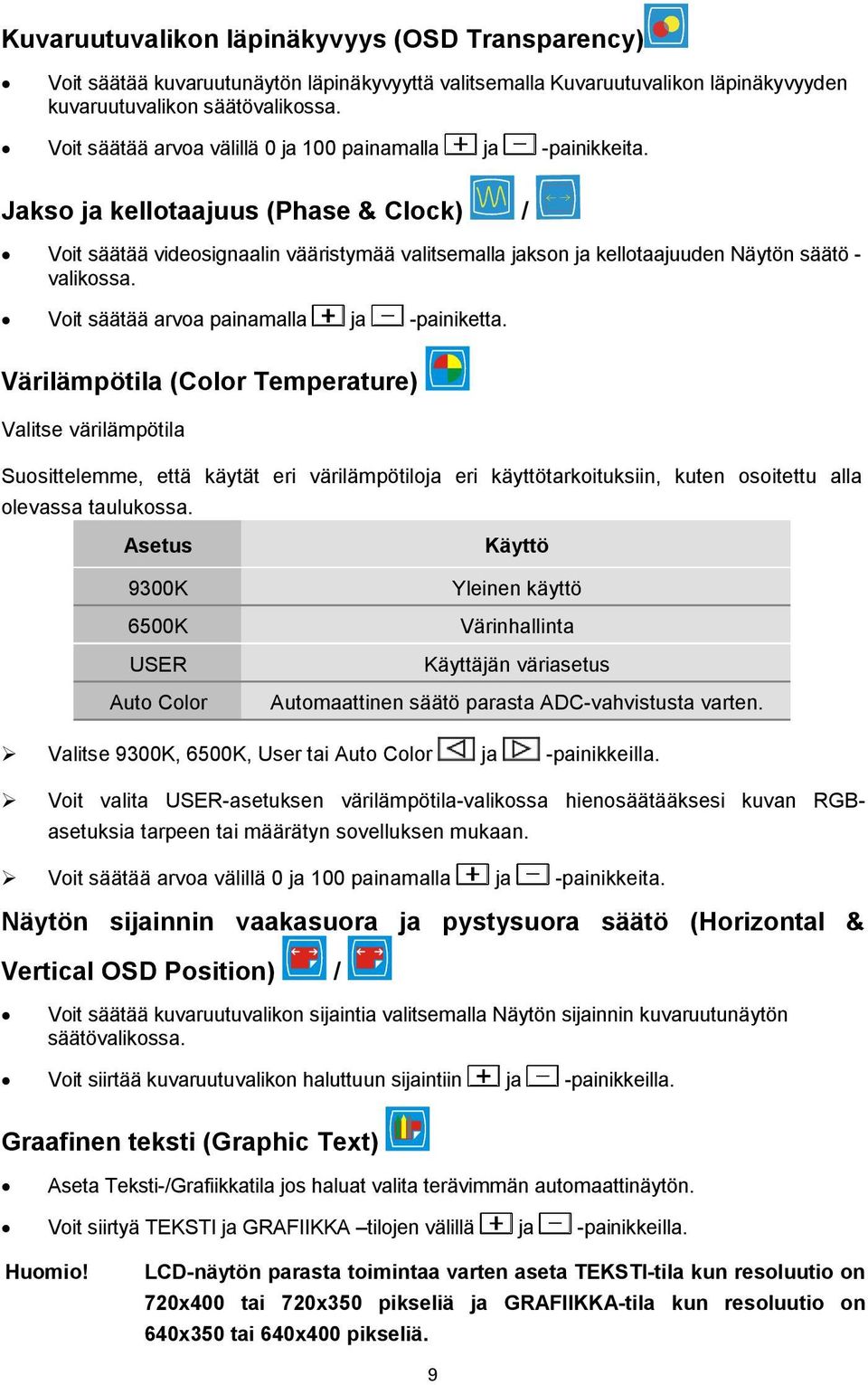 Jakso ja kellotaajuus (Phase & Clock) / Voit säätää videosignaalin vääristymää valitsemalla jakson ja kellotaajuuden Näytön säätö - valikossa. Voit säätää arvoa painamalla ja -painiketta.