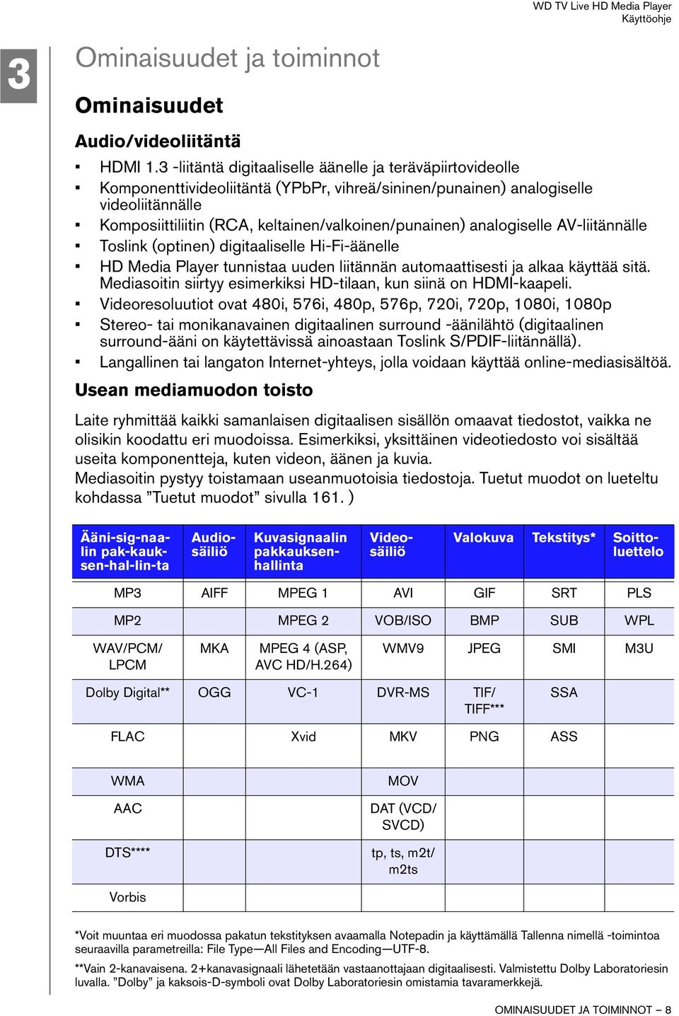 keltainen/valkoinen/punainen) analogiselle AV-liitännälle Toslink (optinen) digitaaliselle Hi-Fi-äänelle HD Media Player tunnistaa uuden liitännän automaattisesti ja alkaa käyttää sitä.