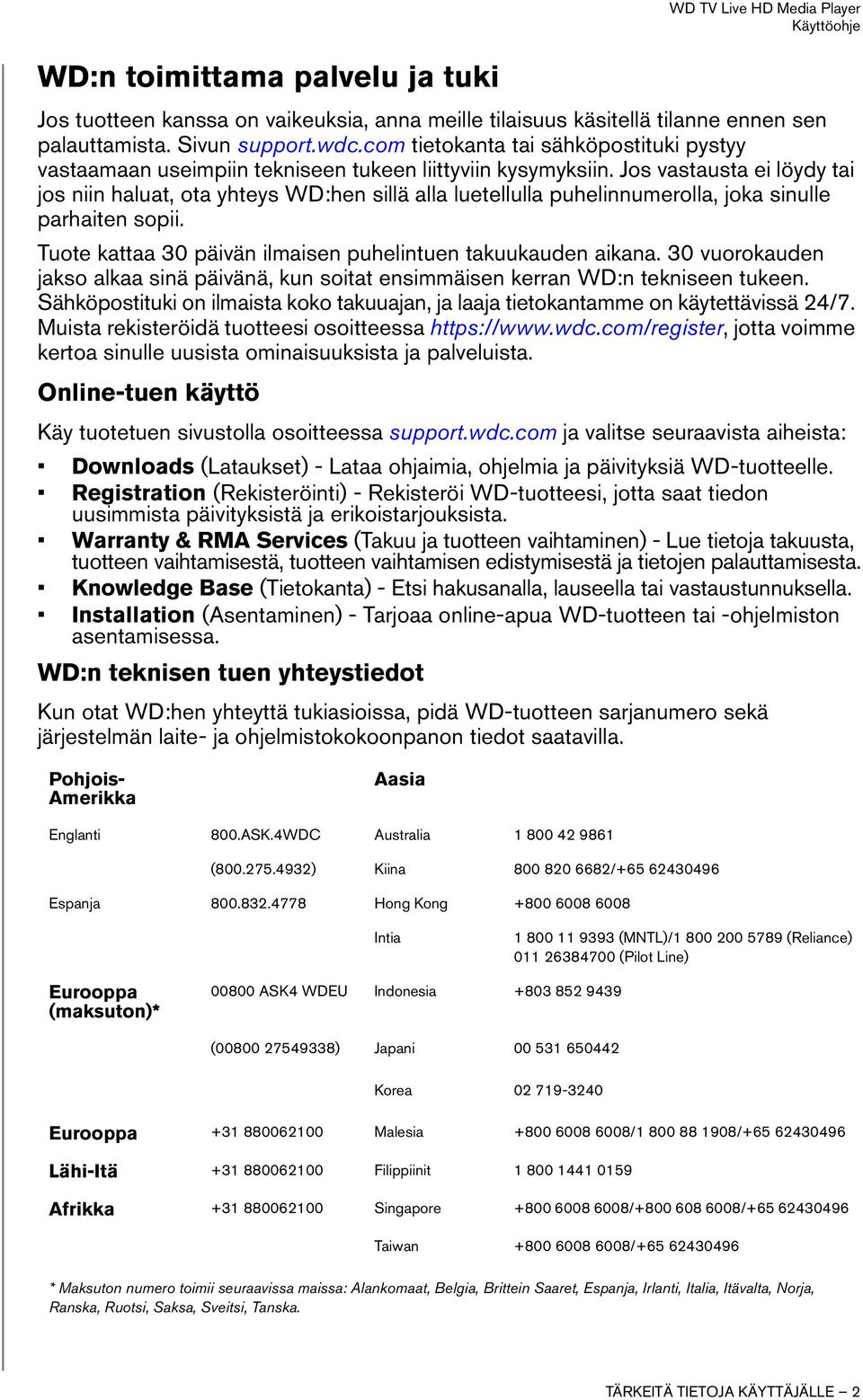 Jos vastausta ei löydy tai jos niin haluat, ota yhteys WD:hen sillä alla luetellulla puhelinnumerolla, joka sinulle parhaiten sopii. Tuote kattaa 30 päivän ilmaisen puhelintuen takuukauden aikana.