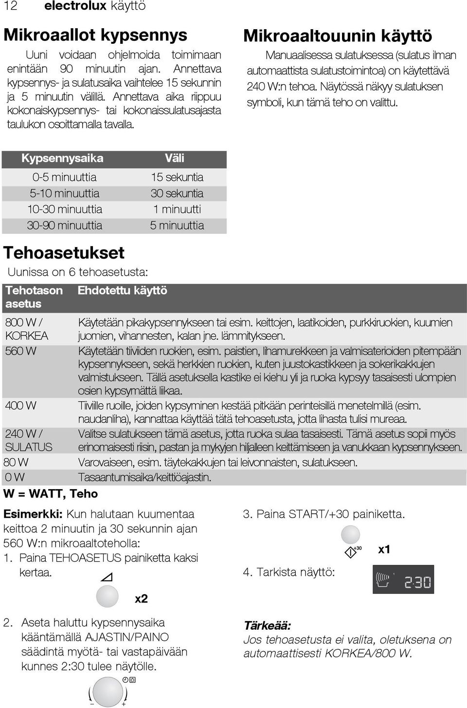 Mikroaaltouunin käyttö Manuaalisessa sulatuksessa (sulatus ilman automaattista sulatustoimintoa) on käytettävä 240 W:n tehoa. Näytössä näkyy sulatuksen symboli, kun tämä teho on valittu.
