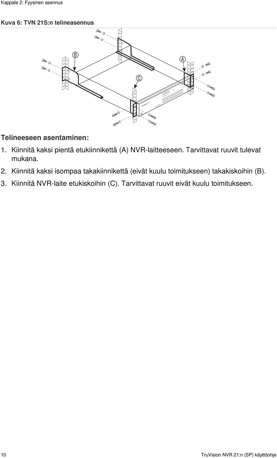 Kiinnitä kaksi isompaa takakiinnikettä (eivät kuulu toimitukseen) takakiskoihin (B). 3.