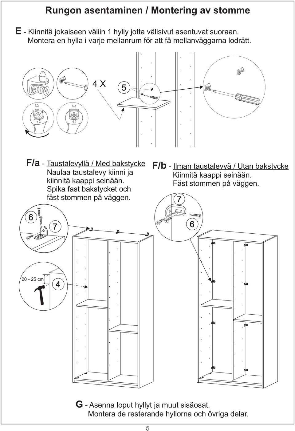 4 X 5 F/a - Taustalevyllä / Med bakstycke F/b - Ilman taustalevyä / Utan bakstycke Naulaa taustalevy kiinni ja Kiinnitä kaappi