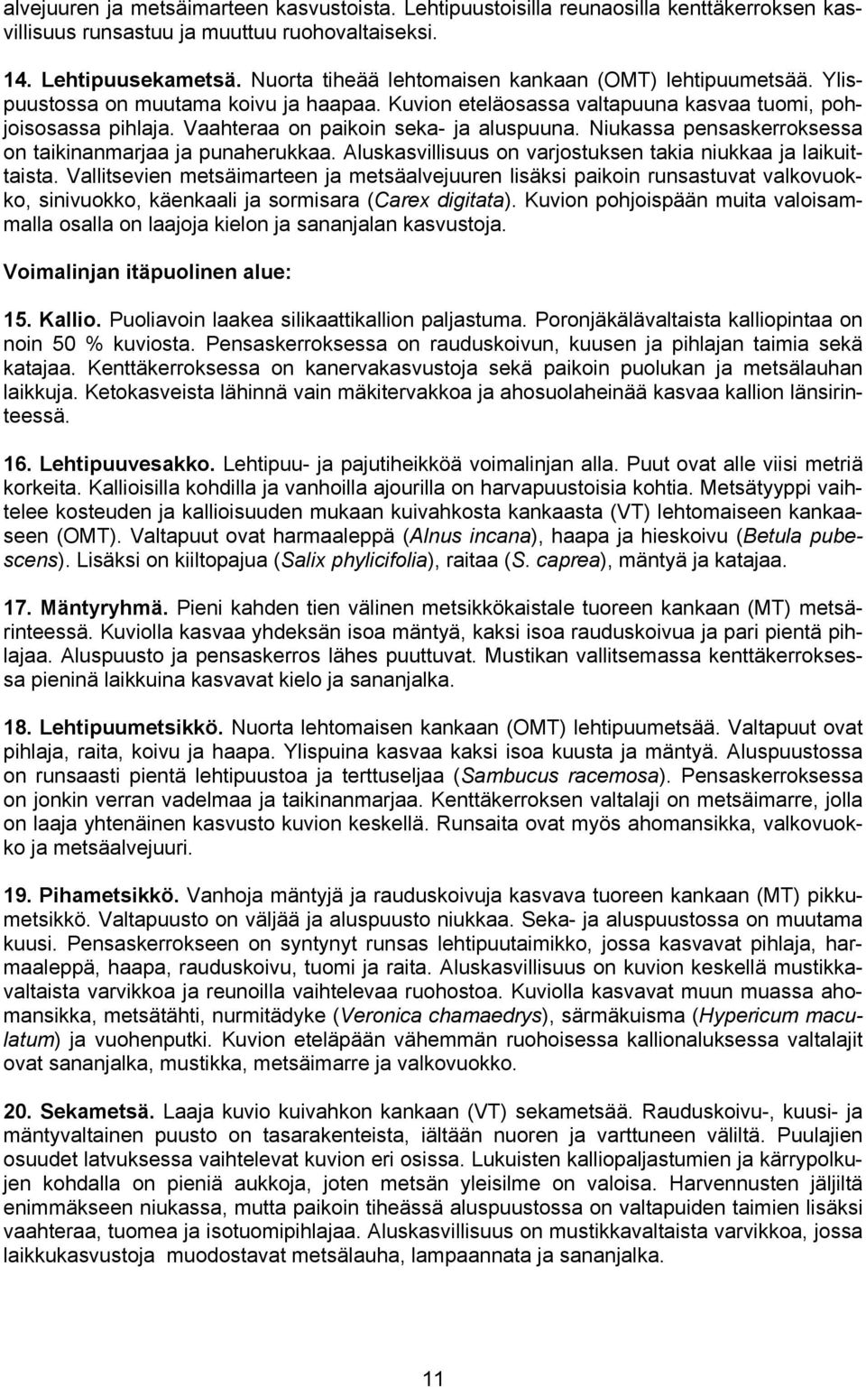 Vaahteraa on paikoin seka- ja aluspuuna. Niukassa pensaskerroksessa on taikinanmarjaa ja punaherukkaa. Aluskasvillisuus on varjostuksen takia niukkaa ja laikuittaista.