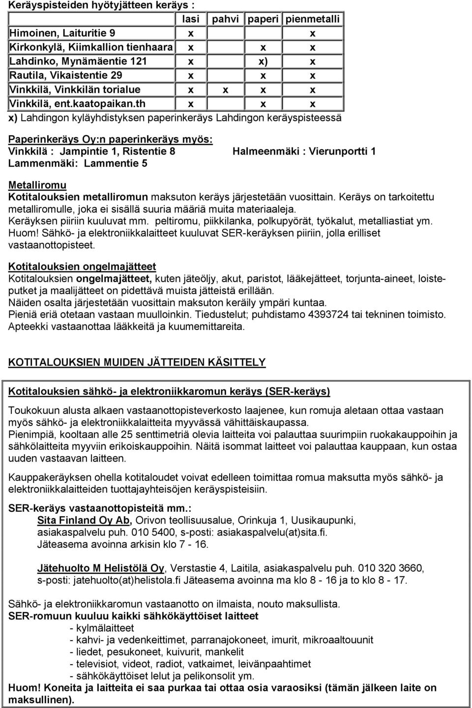 th x x x x) Lahdingon kyläyhdistyksen paperinkeräys Lahdingon keräyspisteessä Paperinkeräys Oy:n paperinkeräys myös: Vinkkilä : Jampintie 1, Ristentie 8 Halmeenmäki : Vierunportti 1 Lammenmäki: