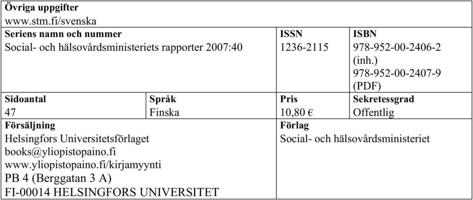 Finska Försäljning Helsingfors Universitetsförlaget books@yliopistopaino.