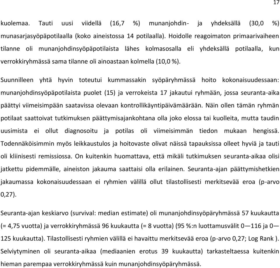 Suunnilleen yhtä hyvin toteutui kummassakin syöpäryhmässä hoito kokonaisuudessaan: munanjohdinsyöpäpotilaista puolet (15) ja verrokeista 17 jakautui ryhmään, jossa seuranta-aika päättyi viimeisimpään