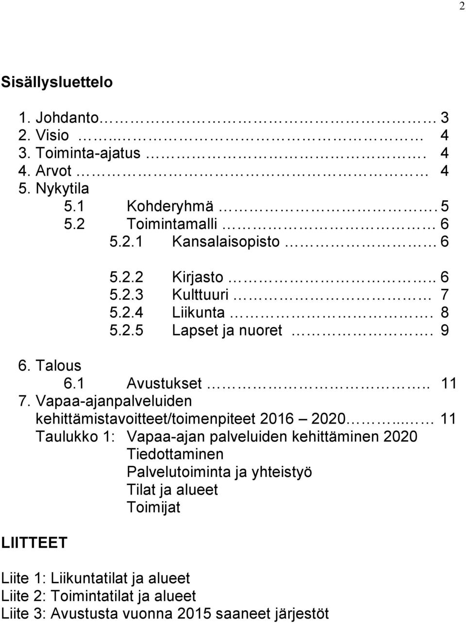 Vapaa-ajanpalveluiden kehittämistavoitteet/toimenpiteet 2016 2020.