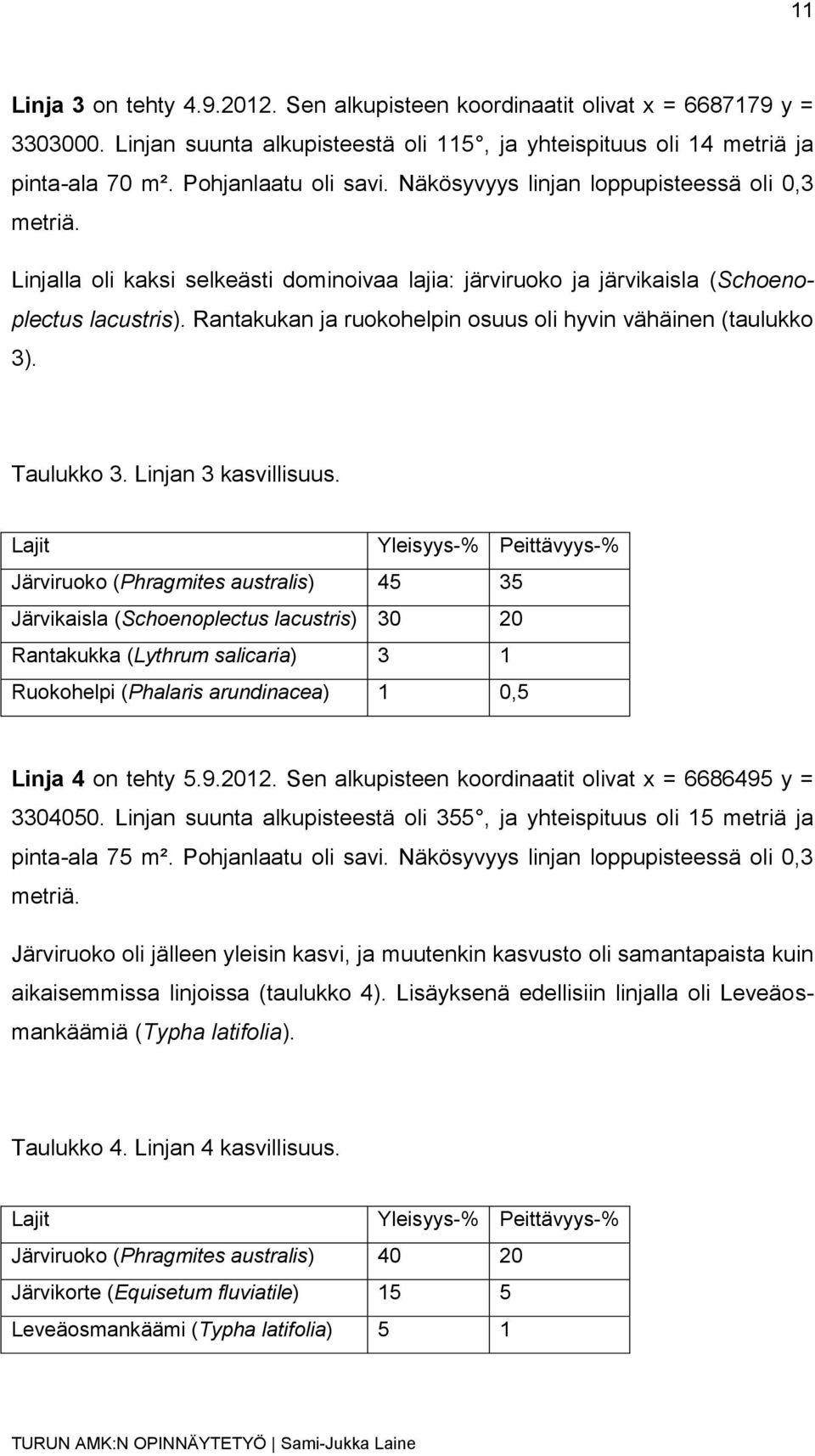 Rantakukan ja ruokohelpin osuus oli hyvin vähäinen (taulukko 3). Taulukko 3. Linjan 3 kasvillisuus.