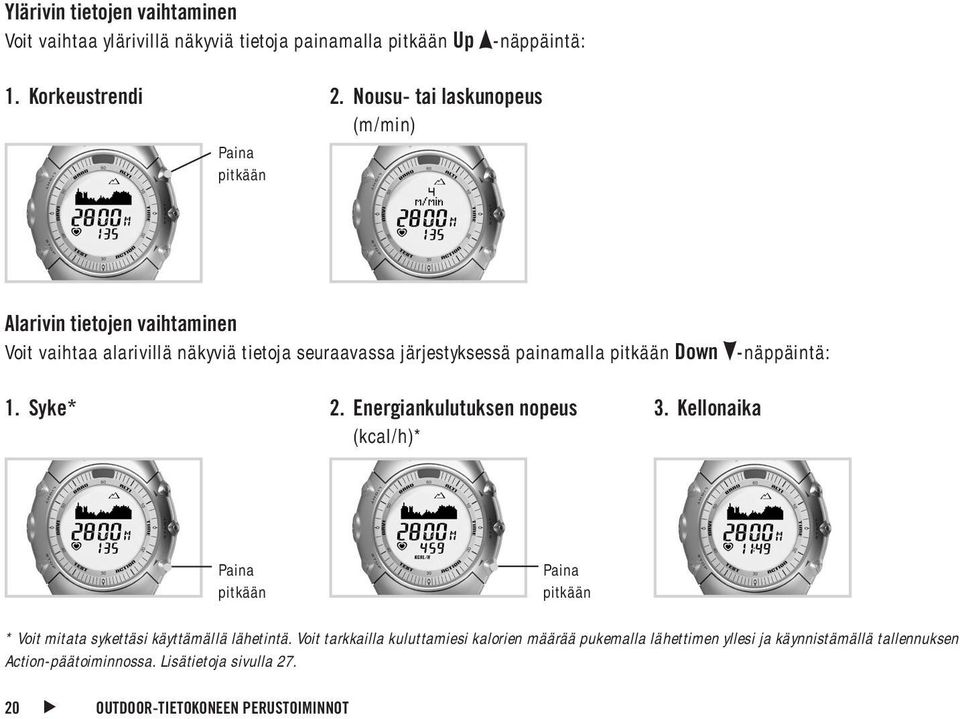 pitkään Down -näppäintä: 1. Syke* 2. Energiankulutuksen nopeus (kcal/h)* 3.