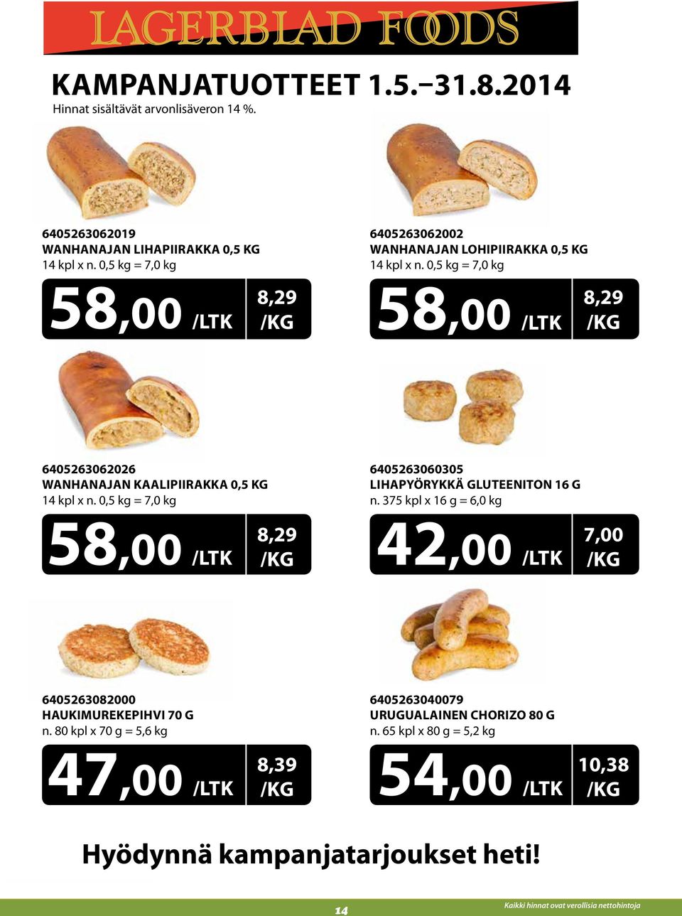 0,5 kg = 7,0 kg 58,00 /LTK 8,29 /KG 6405263062026 WANHANAJAN KAALIPIIRAKKA 0,5 KG 14 kpl x n. 0,5 kg = 7,0 kg 6405263060305 LIHAPYÖRYKKÄ GLUTEENITON 16 G n.