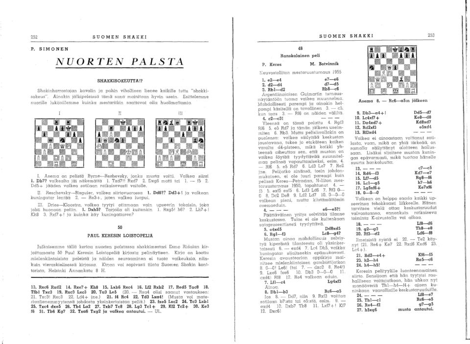 Valkea 1. Db7? vaikealta jäi näkemättä 1. Txd7 11 Rxd7. Dxg6 matti tai 1. Dd5 + jääden valkea sotilaan ratkaisevasti voitolle. II YlI siirsi f5. I,I. Reschevsky-Bisguier, vaikea siirtovuorossa 1. Dd6?