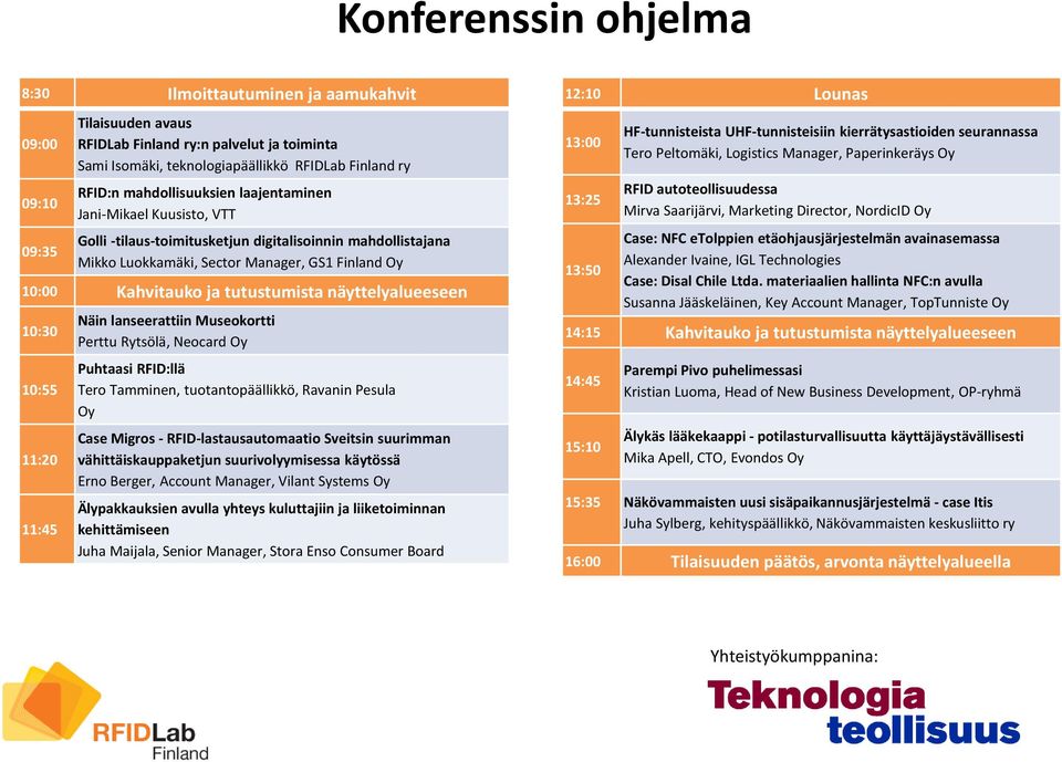 näyttelyalueeseen 10:30 10:55 11:20 11:45 Näin lanseerattiin Museokortti Perttu Rytsölä, Neocard Oy Puhtaasi RFID:llä Tero Tamminen, tuotantopäällikkö, Ravanin Pesula Oy Case Migros -