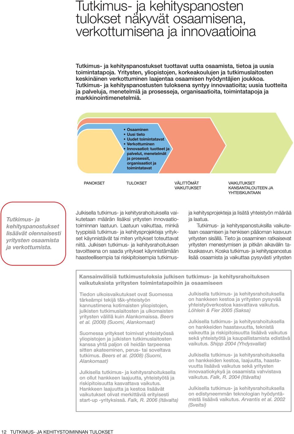 Tutkimus- ja kehityspanostusten tuloksena syntyy innovaatioita; uusia tuotteita ja palveluja, menetelmiä ja prosesseja, organisaatioita, toimintatapoja ja markkinointimenetelmiä.