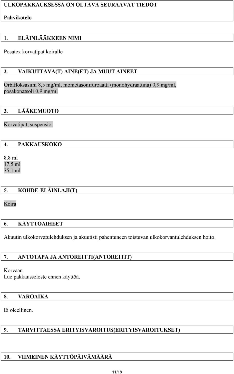 LÄÄKEMUOTO Korvatipat, suspensio. 4. PAKKAUSKOKO 8,8 ml 17,5 ml 35,1 ml 5. KOHDE-ELÄINLAJI(T) Koira 6.