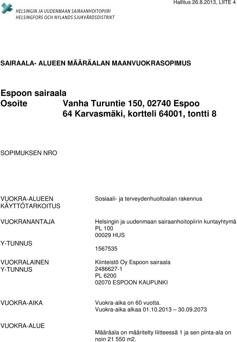 8 SOPIMUKSEN NRO VUOKRA-ALUEEN KÄYTTÖTARKOITUS VUOKRANANTAJA Y-TUNNUS VUOKRALAINEN Y-TUNNUS Sosiaali- ja terveydenhuoltoalan rakennus Helsingin ja