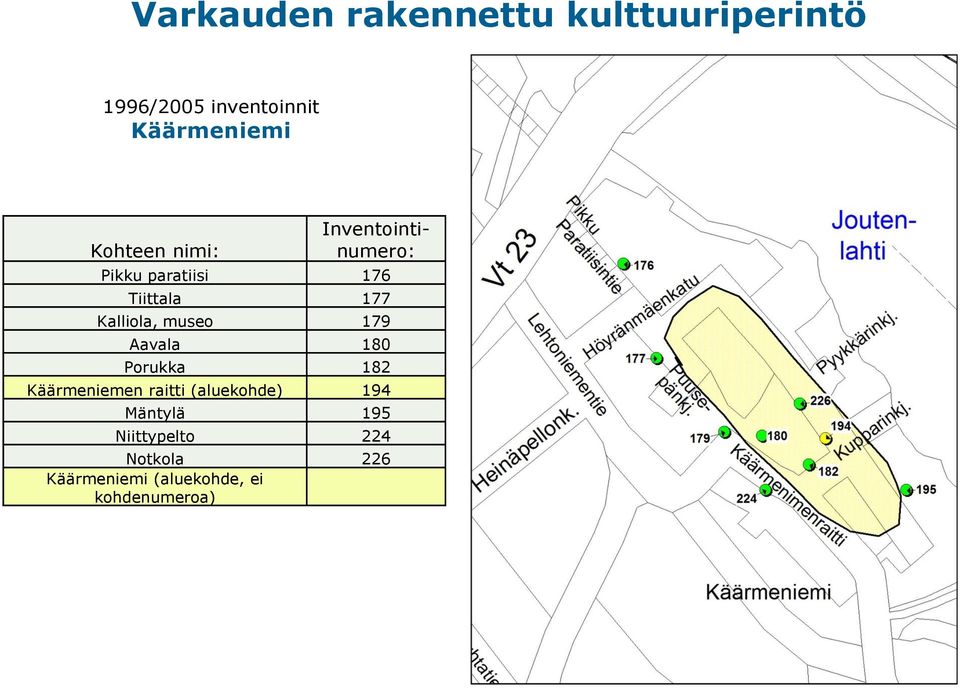 Kalliola, museo 179 Aavala 180 Porukka 182 Käärmeniemen raitti (aluekohde)
