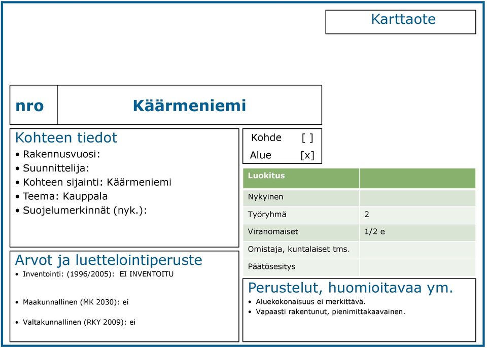 ): Kohde [ ] Alue [x] Nykyinen Viranomaiset 1/2 e