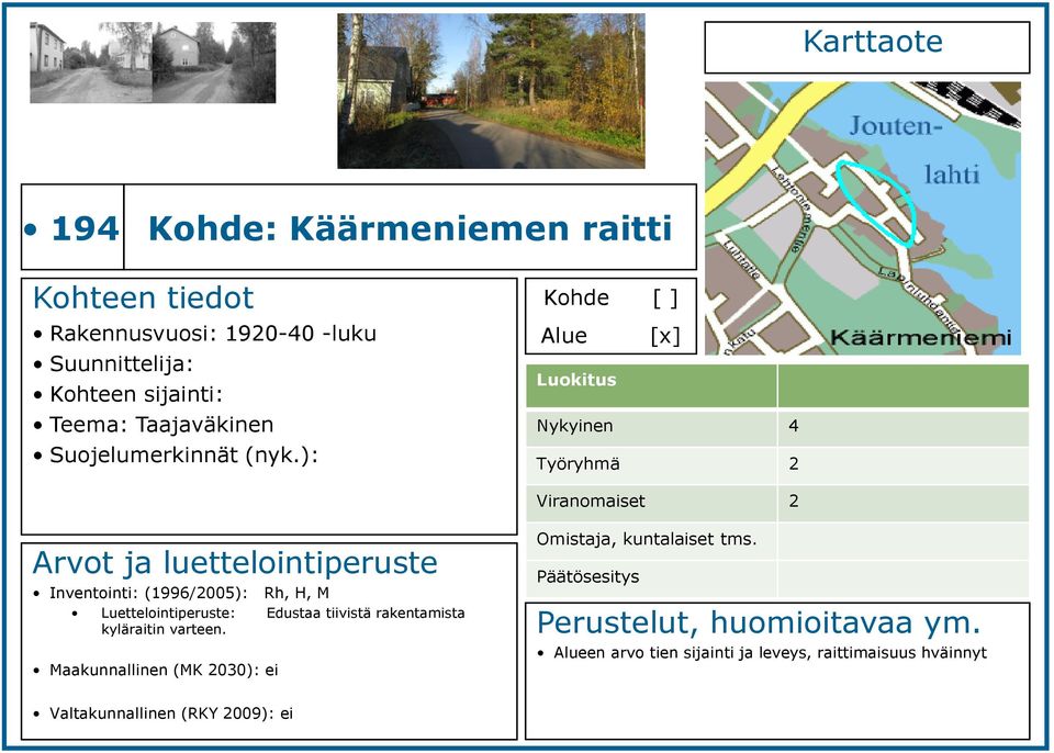 ): Kohde [ ] Alue [x] Nykyinen 4 Inventointi: (1996/2005): Rh, H, M