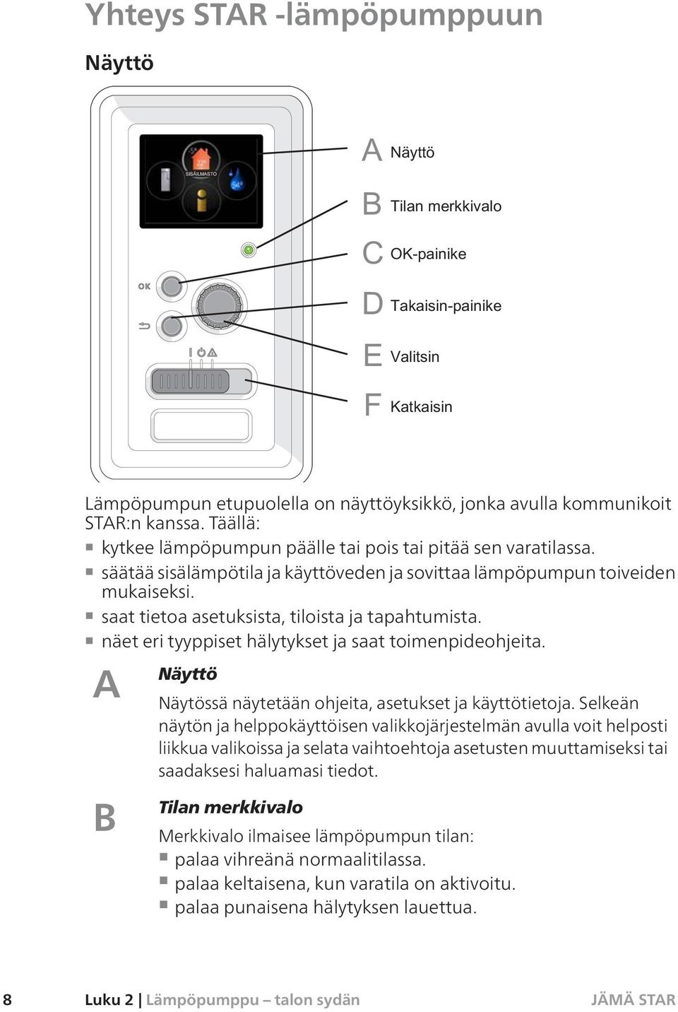 A Näyttö Näytössä näytetään ohjeita, asetukset ja käyttötietoja.