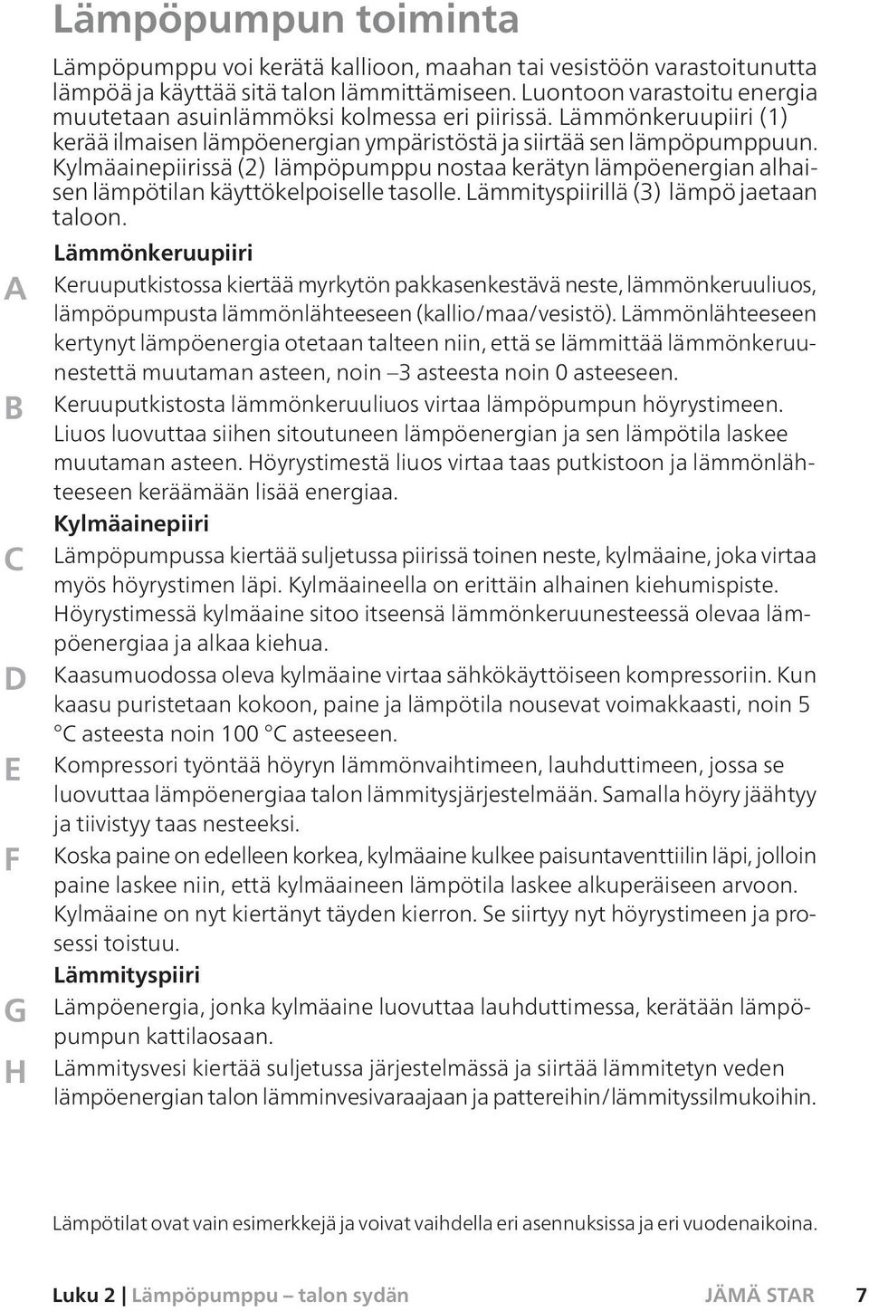 Kylmäainepiirissä (2) lämpöpumppu nostaa kerätyn lämpöenergian alhaisen lämpötilan käyttökelpoiselle tasolle. Lämmityspiirillä (3) lämpö jaetaan taloon.