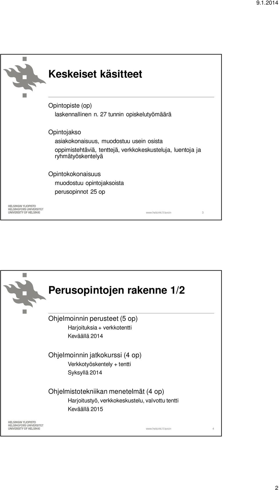 ryhmätyöskentelyä Opintokokonaisuus muodostuu opintojaksoista perusopinnot 25 op 3 Perusopintojen rakenne 1/2 Ohjelmoinnin perusteet (5
