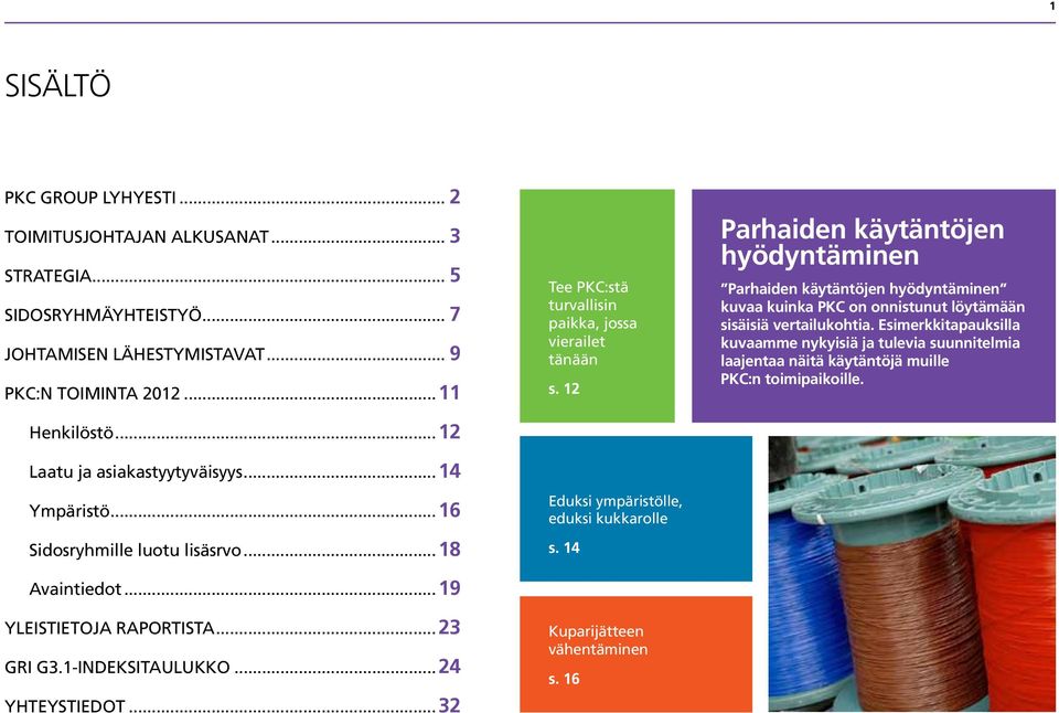 1-INDEKSITAULUKKO 24 YHTEYSTIEDOT 32 Tee PKC:stä turvallisin paikka, jossa vierailet tänään s. 12 Eduksi ympäristölle, eduksi kukkarolle s. 14 Kuparijätteen vähentäminen s.