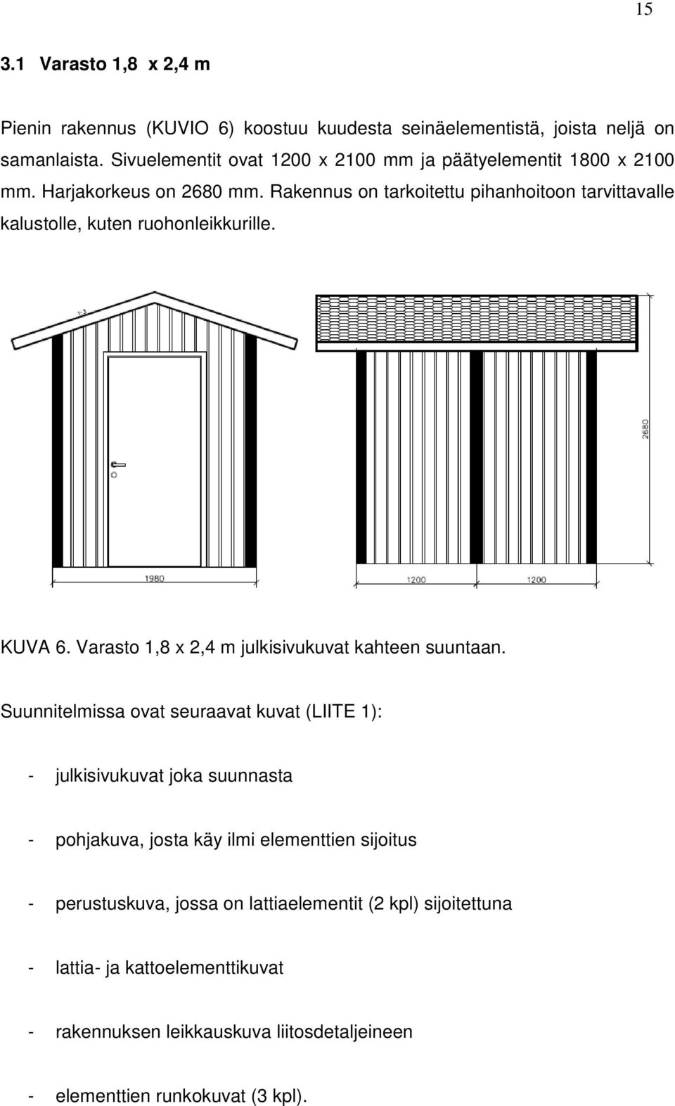 Rakennus on tarkoitettu pihanhoitoon tarvittavalle kalustolle, kuten ruohonleikkurille. KUVA 6. Varasto 1,8 x 2,4 m julkisivukuvat kahteen suuntaan.