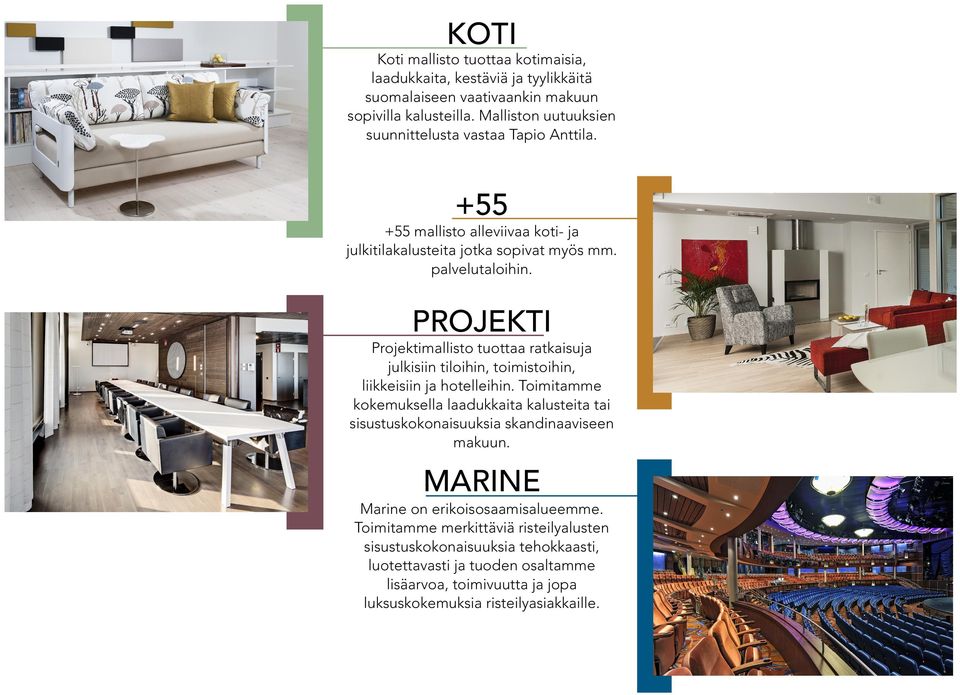 PROJEKTI Projektimallisto tuottaa ratkaisuja julkisiin tiloihin, toimistoihin, liikkeisiin ja hotelleihin.