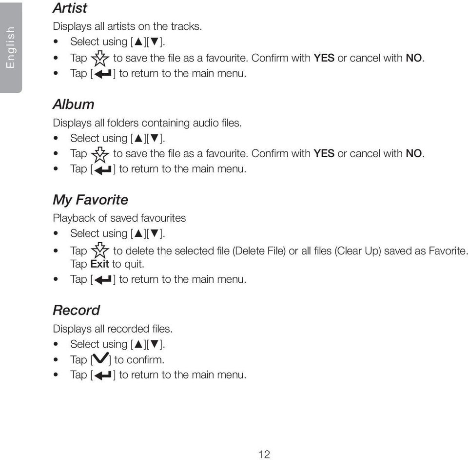 Confirm with YES or cancel with NO. Tap [ ] to return to the main menu. My Favorite Playback of saved favourites Select using [ ][ ].