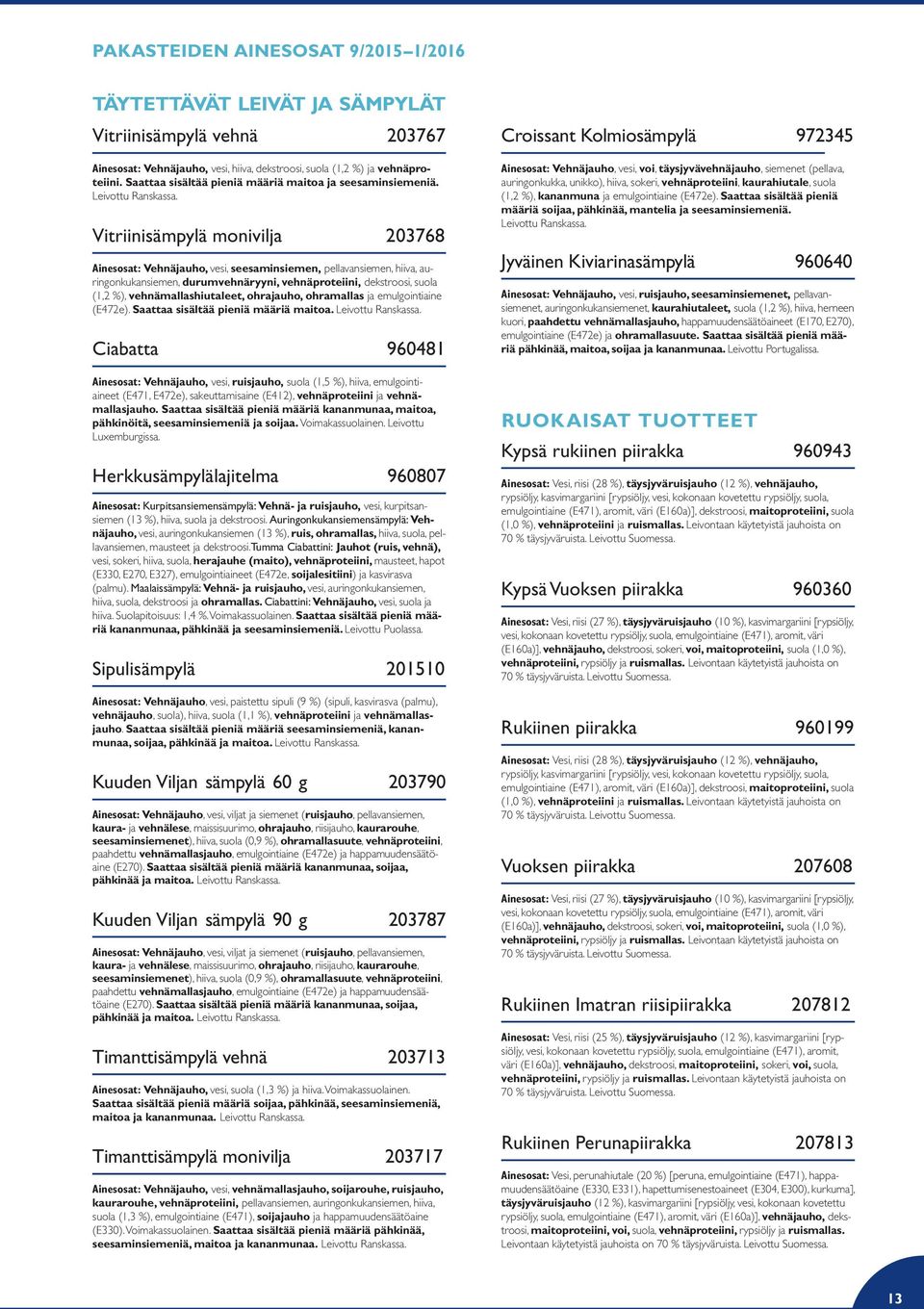 Vitriinisämpylä monivilja 203768 Ainesosat: Vehnäjauho, vesi, seesaminsiemen, pellavan siemen, hiiva, auringonkukansiemen, durumvehnäryyni, vehnäproteiini, dekstroosi, suola (1,2 %), vehnämallas